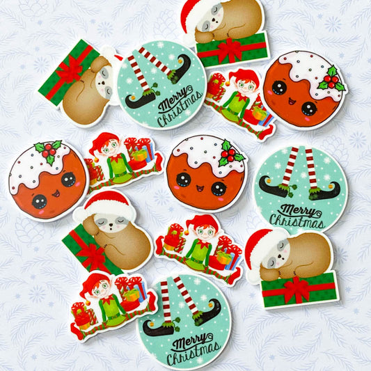 festive christmas planar flat back flatback fb fbs embellishment uk cute kawaii crafts craft supplies elf elves sloth sloths present pudding presents