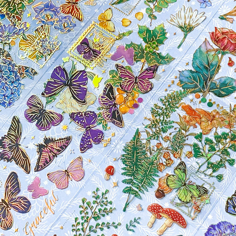GOLD HOLO Holographic FOIL STICKERS Flowers Mushrooms Butterflies & Ferns