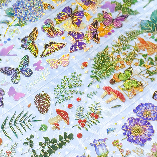 gold foil foiled holo holographic stickers sticker clear plastic sheet butterflies butterfly flower flowers floral fern mushroom mushrooms pretty spring blooms blossom bright colourful uk stationery planner supplies cute kawaii