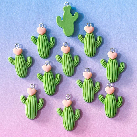 green and pink cacti cactus plant plants resin charm charms pendant pendants cute kawaii uk craft supplies heart hearts flower flowers shop store silver tone hook fun jewellery making 