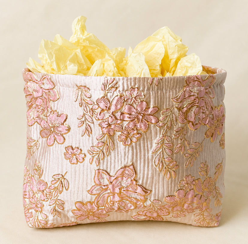 champagne satin fabric woven pouch with gold thread highlights and pink roses design. large cosmetic bag or journaling pouch. uk letterbox gifts