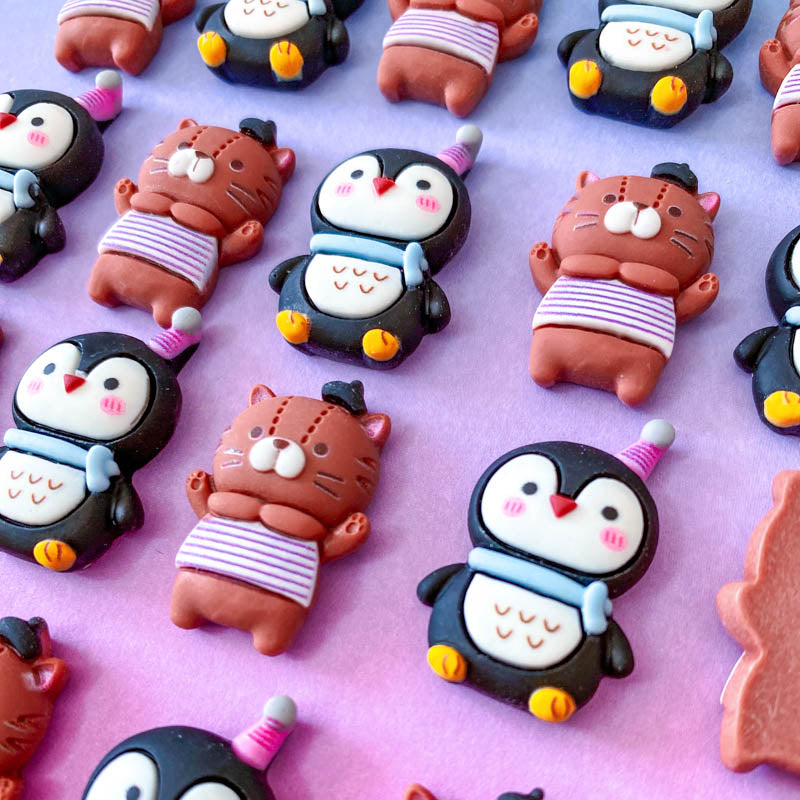 chunky cat cats penguin penguins resin flat back fb fbs flatback flatbacks resins uk cute kawaii craft supplies shop store brown black white blue large scarf party hat hats beret embellishment embellishments
