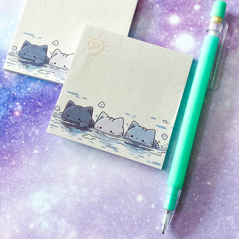 cute cat cats kitten kittens swim swimming water heeads fun pretty kawaii note notes sticky pad pads memo memos uk stationery blue grey cream buff sheet sheets gift gifts planner supplies shop store 