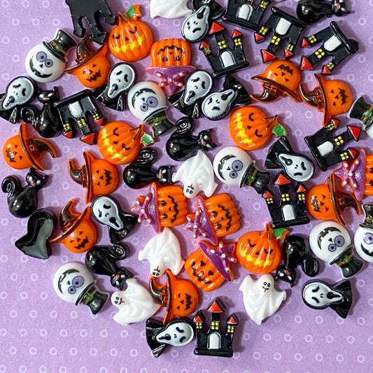 spooky halloween orange black acrylic fb flat back flatback fbs embellishments small mini little uk cute kawaii craft supplies shop store ghost pumpkin pumpkins ghosts black cat cats scream skeleton haunted house set 