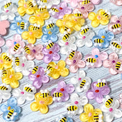 honey bumble bee bees and flower flowers acrylic flat back flatback fb fbs embellishment uk craft supplies cute kawaii pink purple lilac blue yellow shiny little small mini