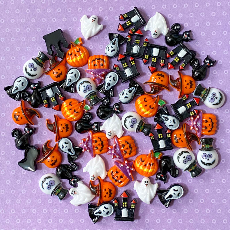 spooky halloween orange black acrylic fb flat back flatback fbs embellishments small mini little uk cute kawaii craft supplies shop store ghost pumpkin pumpkins ghosts black cat cats scream skeleton haunted house set