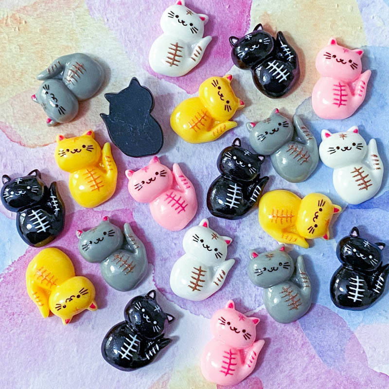 cute kawaii cat cats resin resins skeleton halloween spooky backbone bones black pink grey white yellow small flatback flat back fb fbs embellishment uk craft supplies shop store pretty