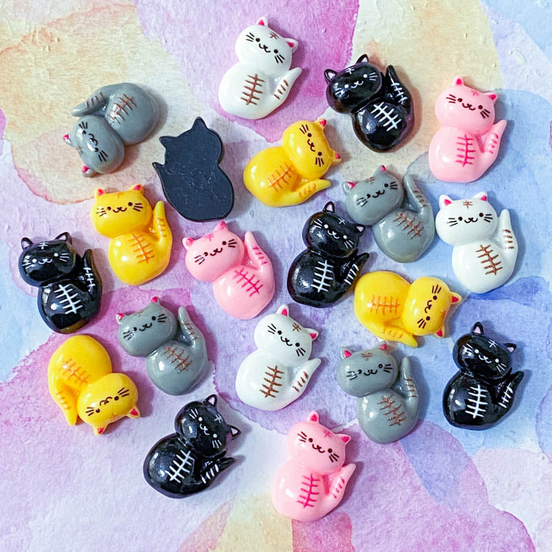 cute kawaii cat cats resin resins skeleton halloween spooky backbone bones black pink grey white yellow small flatback flat back fb fbs embellishment uk craft supplies shop store pretty