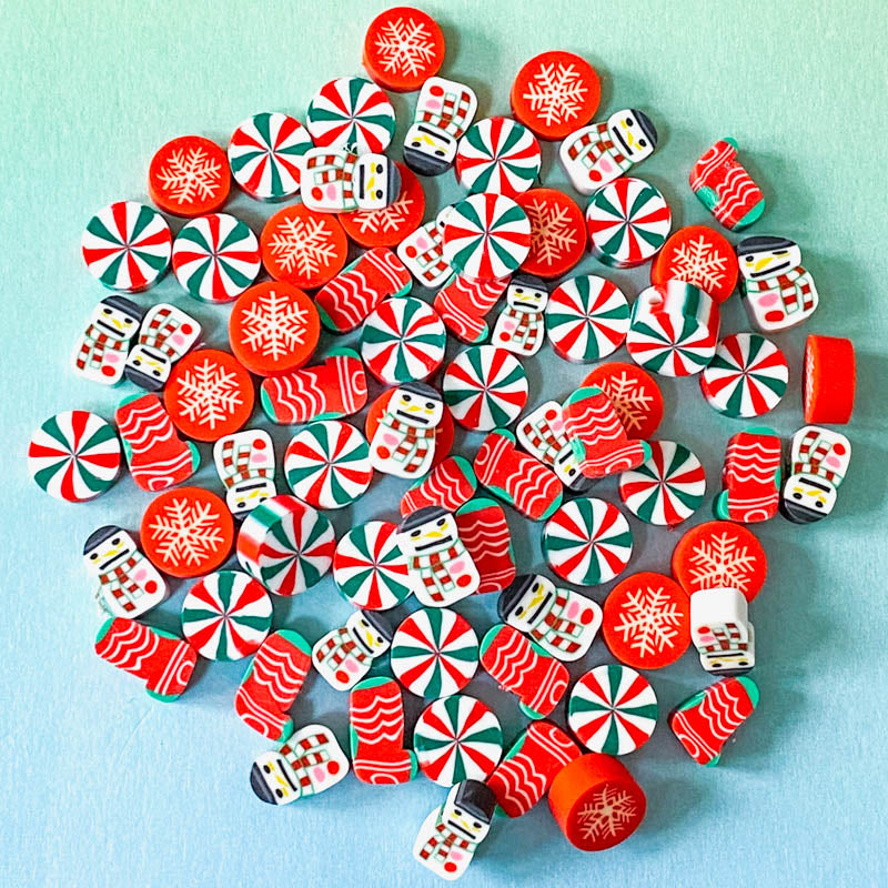 poly polymer clay bead beads cute kawaii handmade red green black white uk craft supplies shop store pretty fun pin wheel pinwheel snowman snowmen stockings stocking snowflake
