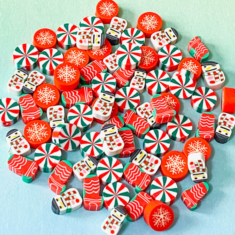 poly polymer clay bead beads cute kawaii handmade red green black white uk craft supplies shop store pretty fun pin wheel pinwheel snowman snowmen stockings stocking snowflake