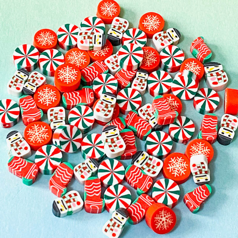 poly polymer clay bead beads cute kawaii handmade red green black white uk craft supplies shop store pretty fun pin wheel pinwheel snowman snowmen stockings stocking snowflake