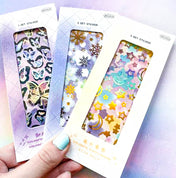 laser holo holographic sticker stickers pack of 3 sheets butterfly butterflies galaxy stars snowflake snowflakes cute kawaii stationery uk pretty planner gift gifts clear plastic