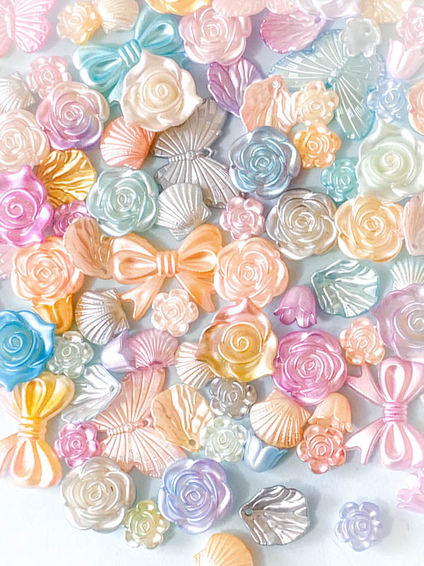 pearl pearly pearlescent bead beads bundle pretty uk craft supplies cute kawaii acrylic rose roses flower flowers shell shells butterfly butterflies bow bows ombre colour colours rainbow sheen
