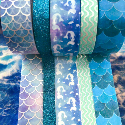 ocean mermaid blue turquoise green holographic glitter washi tape tapes 8mm 15mm rolls uk cute kawaii stationery marine scales teal holo pretty shimmery iridescent planner accessories mermaids scale roll