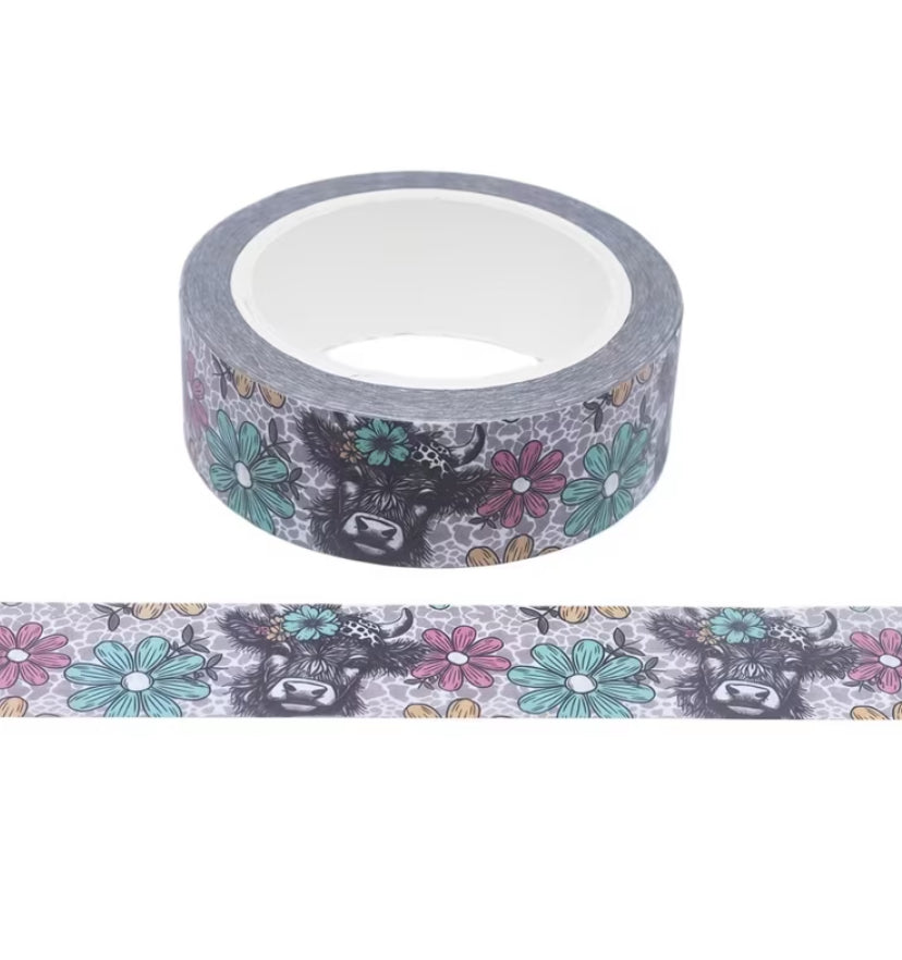 highland cow decorative 10m washi tape with floral design