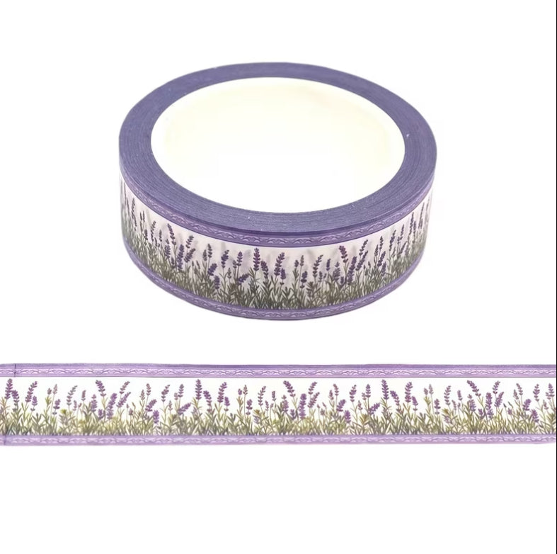 A roll of 10m decorative washi tape with a lavender and grass pattern, shown alongside a flat strip of the same tape on a plain white background.