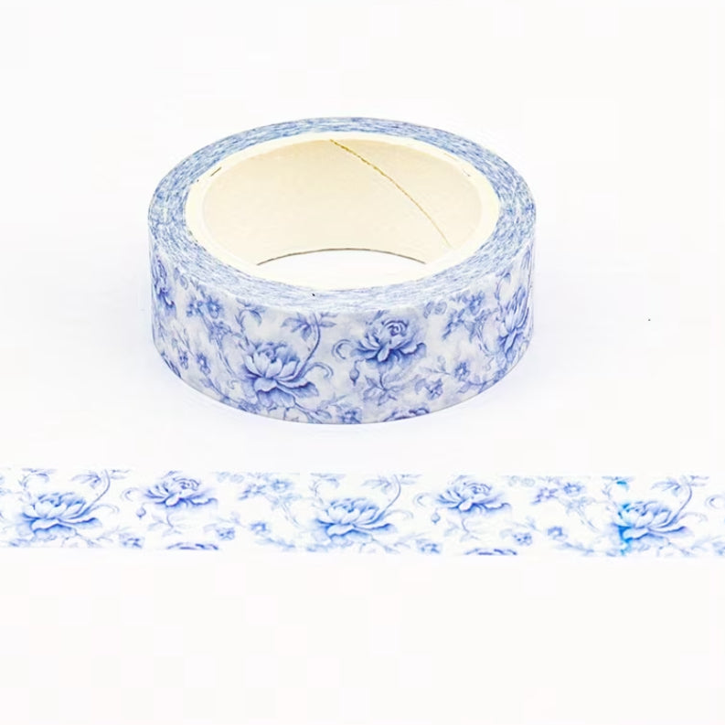 pale blue delicate floral on white 10m washi tape roll