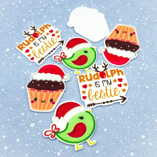 Sale! Christmas Acrylic Flat Back -Bird Cake or Rudolph
