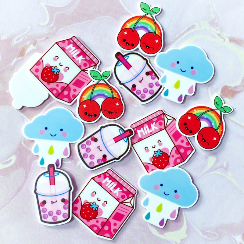 cute kawaii uk planar resin acrylic fb flat back flatback embellishment strawberry milk carton drink drinks pink blue rain cloud happy cherry cherries rainbow craft supplies pretty