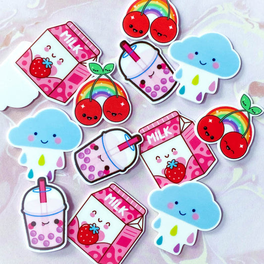 cute kawaii uk planar resin acrylic fb flat back flatback embellishment strawberry milk carton drink drinks pink blue rain cloud happy cherry cherries rainbow craft supplies pretty