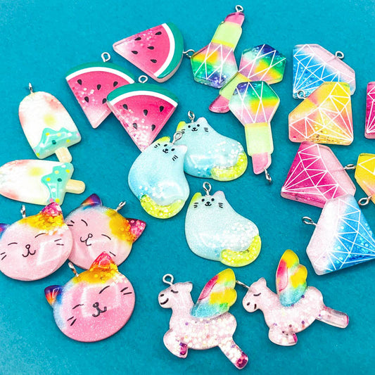 Kawaii Glitter Charm- Cat Unicorn Lolly Watermelon Lipstick or Gem x 2