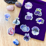 witch witchcraft magic wican magical sticker stickers die cut 10 set uk stationery crystals magic ball oracle tarot cards cauldron warlock shaped purple bright stars pagan
