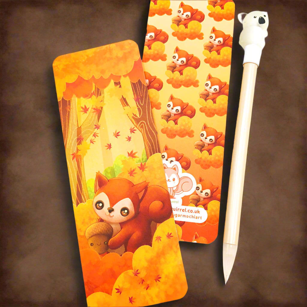 autumn wood woodland cute kawaii handmade book mark bookmarks bookmark art illustration orange yellow colours leaves tree trees cute squirrel squirrels animal stationery uk