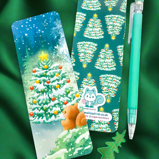 dark green fir tree trees christmas festive wood woodland scene art artistic hand made handmade bookmark bookmarks kawaii cute squirrel squirrels uk gift gifts pretty illustration double sided card lights 