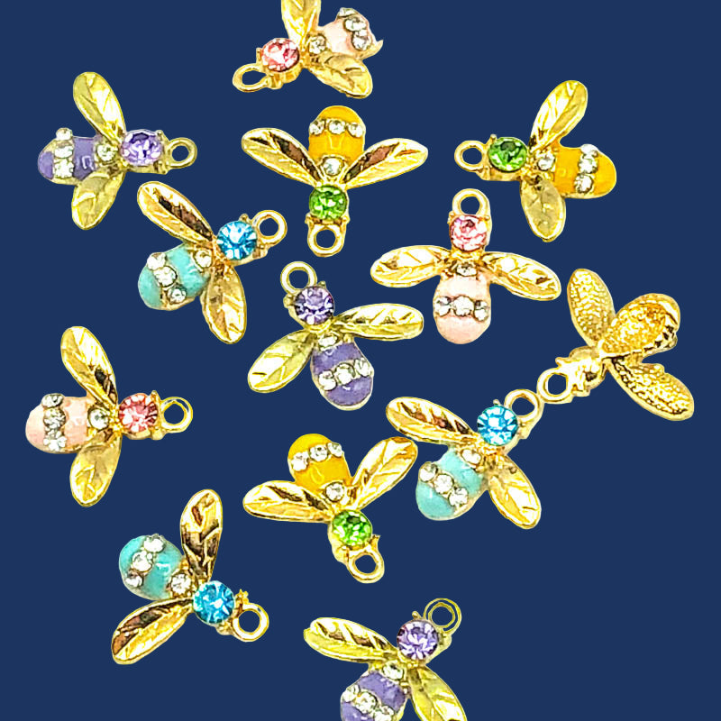 metal gold golden tone bee bees charm charms pendant sparkly rhinestone rhinestones uk cute kawaii craft crafts shop store supplies purple lilac turquoise blue yellow pink