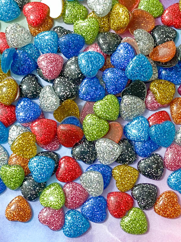 small 12mm glitter glittery heart hearts flat back fb fbs flatback embellishment uk cute kawaii craft supplies silver turquoise red pink black orange green blue gold