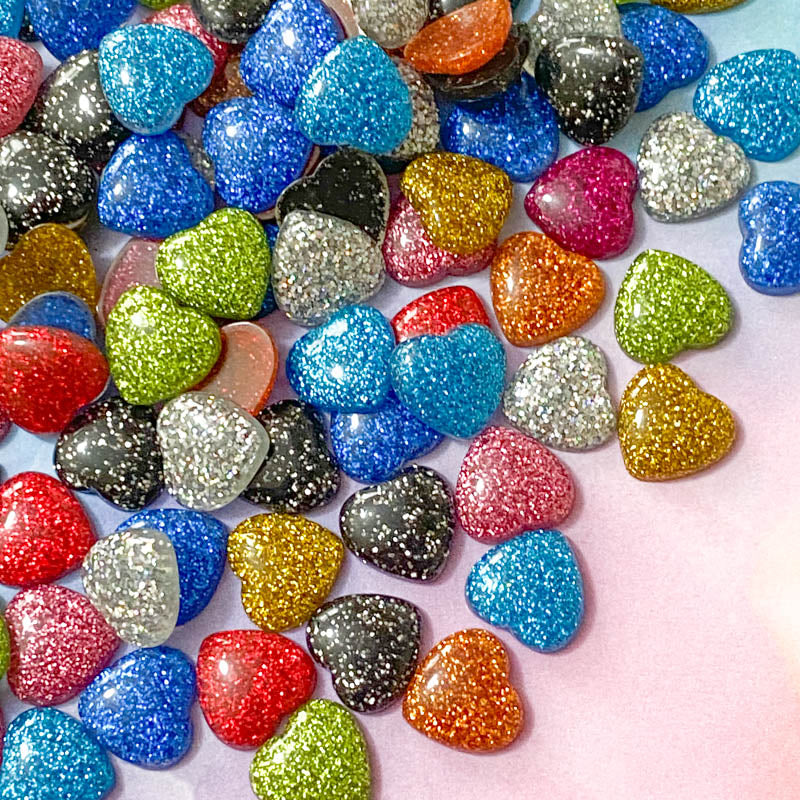 small 12mm glitter glittery heart hearts flat back fb fbs flatback embellishment uk cute kawaii craft supplies silver turquoise red pink black orange green blue gold