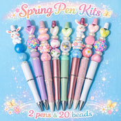 Set of decorative pens with beads on a blue background, labeled 'Spring Pen Kits'.