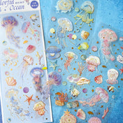 jellyfish jelly fish pastel colours colour soft blue pink yellow cream peach light  holographic foil foiled sticker stickers pack sheet 3 uk cute kawaii stationery shop rainbow clear plastic
