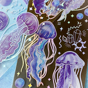 jellyfish jelly fish purple lilac blue holographic foil foiled sticker stickers pack sheet 2 uk cute kawaii stationery shop rainbow clear plastic purple