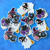 black cat cats witch witches cauldron spell spells halloween planar planars fb fbs flatback flat back backs embellishment uk cute kawaii craft supplies purple rose roses ghost broom ghosts spooky