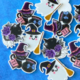 black cat cats witch witches cauldron spell spells halloween planar planars fb fbs flatback flat back backs embellishment uk cute kawaii craft supplies purple rose roses ghost broom ghosts spooky 