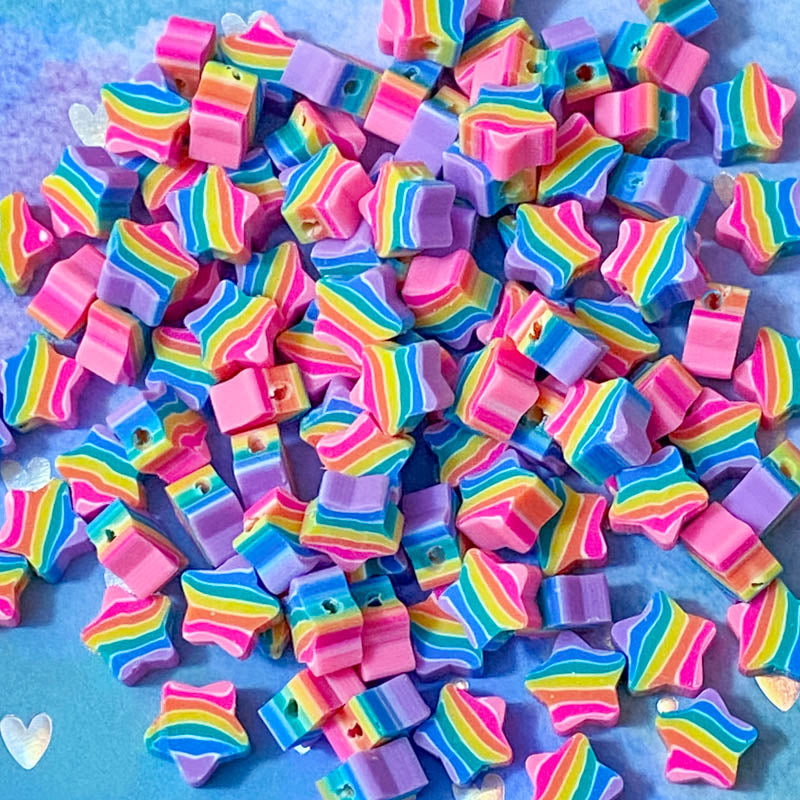 striped stripe stripes rainbow colours polymer clay fimo handmade bead beads star stars shape uk cute kawaii craft supplies 10mm small pretty 