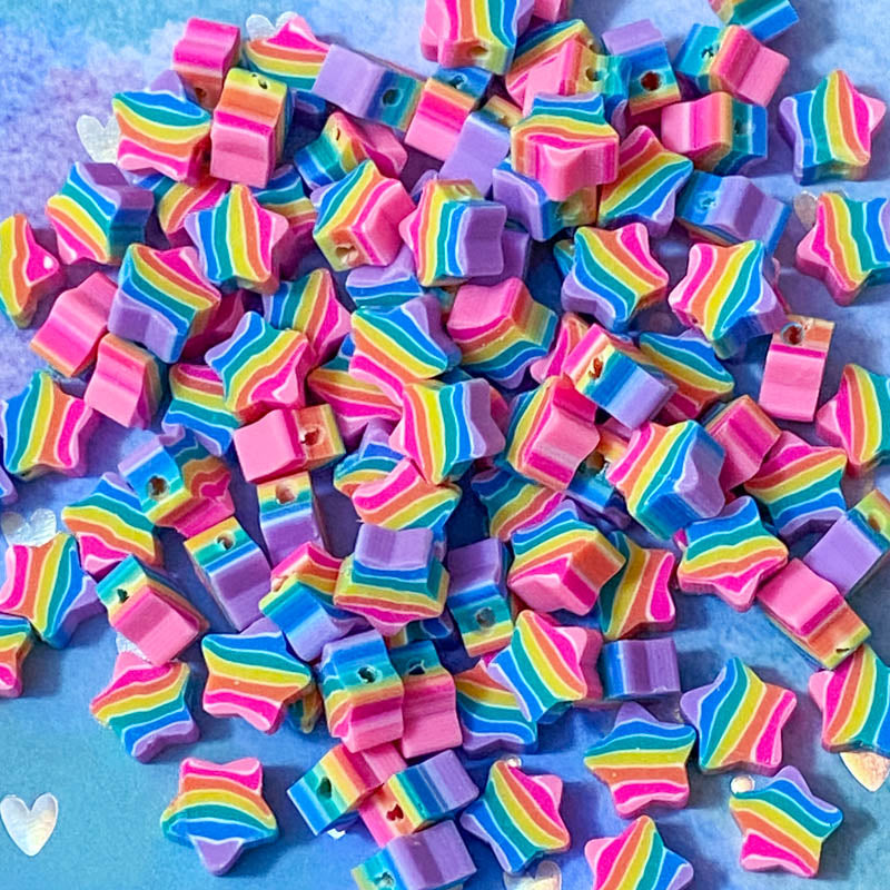 striped stripe stripes rainbow colours polymer clay fimo handmade bead beads star stars shape uk cute kawaii craft supplies 10mm small pretty