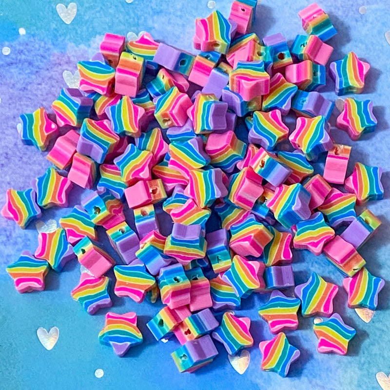 striped stripe stripes rainbow colours polymer clay fimo handmade bead beads star stars shape uk cute kawaii craft supplies 10mm small pretty