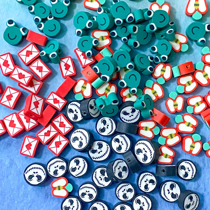polymer clay bead beads uk cute kawaii craft supplies shop green frog frogs jack lantern halloween skull face red letter envelope apple apples