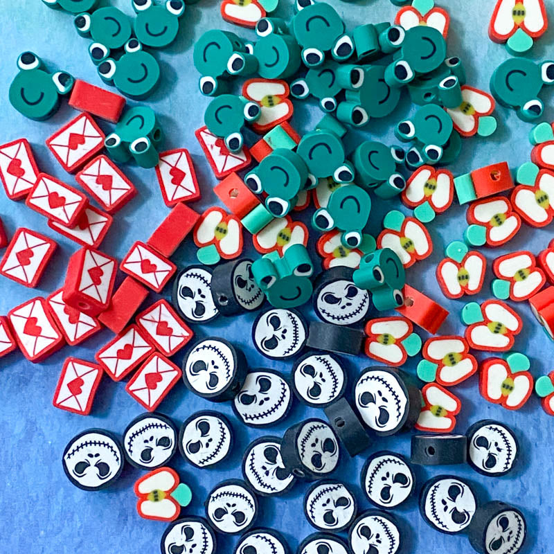polymer clay bead beads uk cute kawaii craft supplies shop green frog frogs jack lantern halloween skull face red letter envelope apple apples 