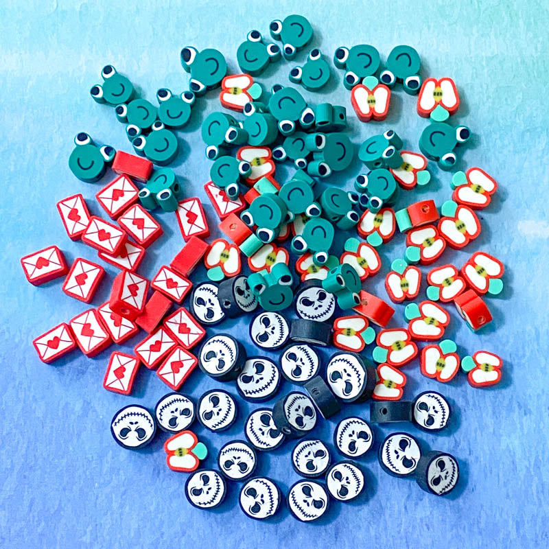 polymer clay bead beads uk cute kawaii craft supplies shop green frog frogs jack lantern halloween skull face red letter envelope apple apples