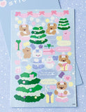 holographic holo christmas festive sticker stickers sheet uk cute kawaii bear bears bunny bunnies rabbit rabbit snow tree present pastel colours pink green blue