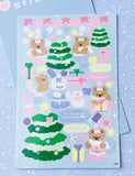 holographic holo christmas festive sticker stickers sheet uk cute kawaii bear bears bunny bunnies rabbit rabbit snow tree present pastel colours pink green blue