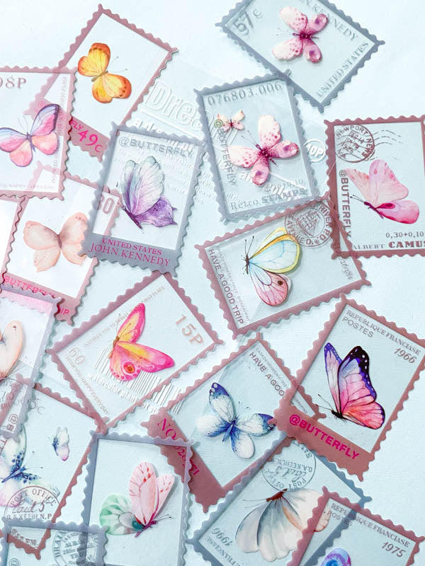clear plastic stamp stamps sticker stickers butterfly butterflies pretty cute kawaii uk stationery pack set colourful large rectangle