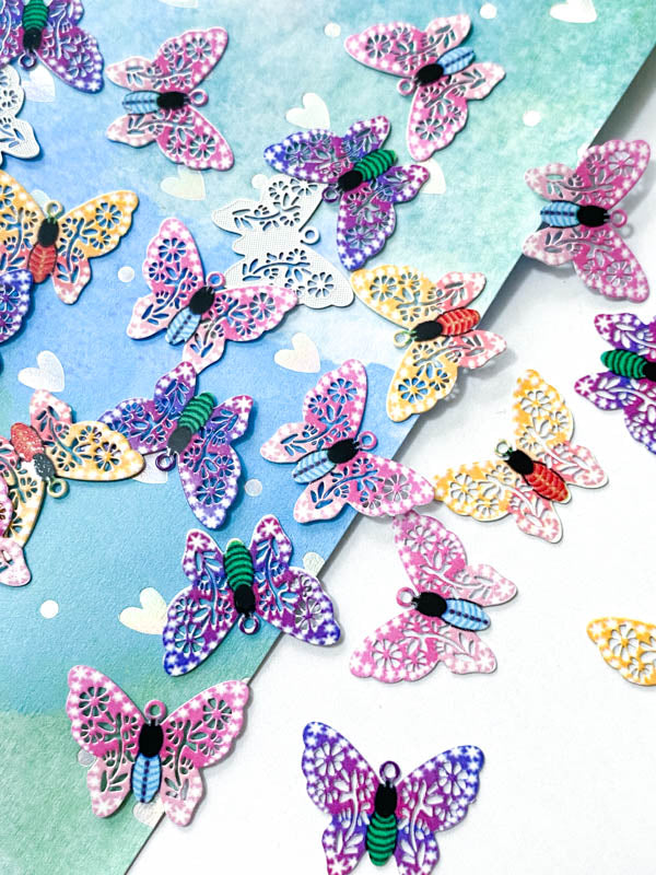 pretty ornate filigree butterfly butterflies metal enamel charm charms pendant pendants uk cute kawaii craft supplies gb pink lilac purple yellow orange pretty