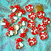 mushroom enamel charm charms pendant metal gold tone uk cute kawaii craft supplies shop white red spotted spots pair of medium pretty woodland