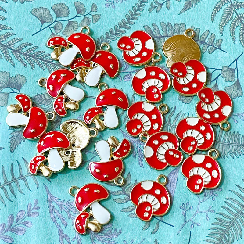 mushroom enamel charm charms pendant metal gold tone uk cute kawaii craft supplies shop white red spotted spots pair of medium pretty woodland