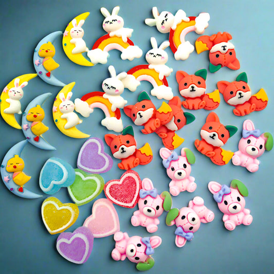 cute kawaii resin flatback flat back backs fbs acrylic embellishment uk cute craft supplies bunny rabbit bunnies rabbits moon duck ducks fox foxes heart hearts pretty spring easter rainbow frosted sugar red pink  pretty