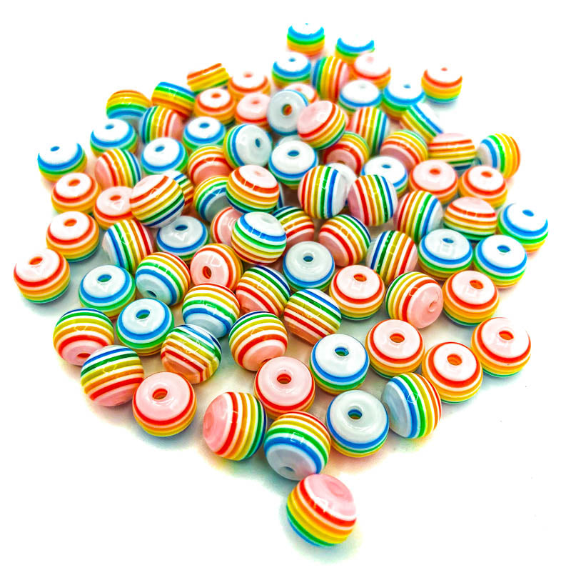 small 8mm round translucent rainbow rainbows bead beads cute kawaii small little plastic acrylic stripy striped stripes uk craft supplies bundle set